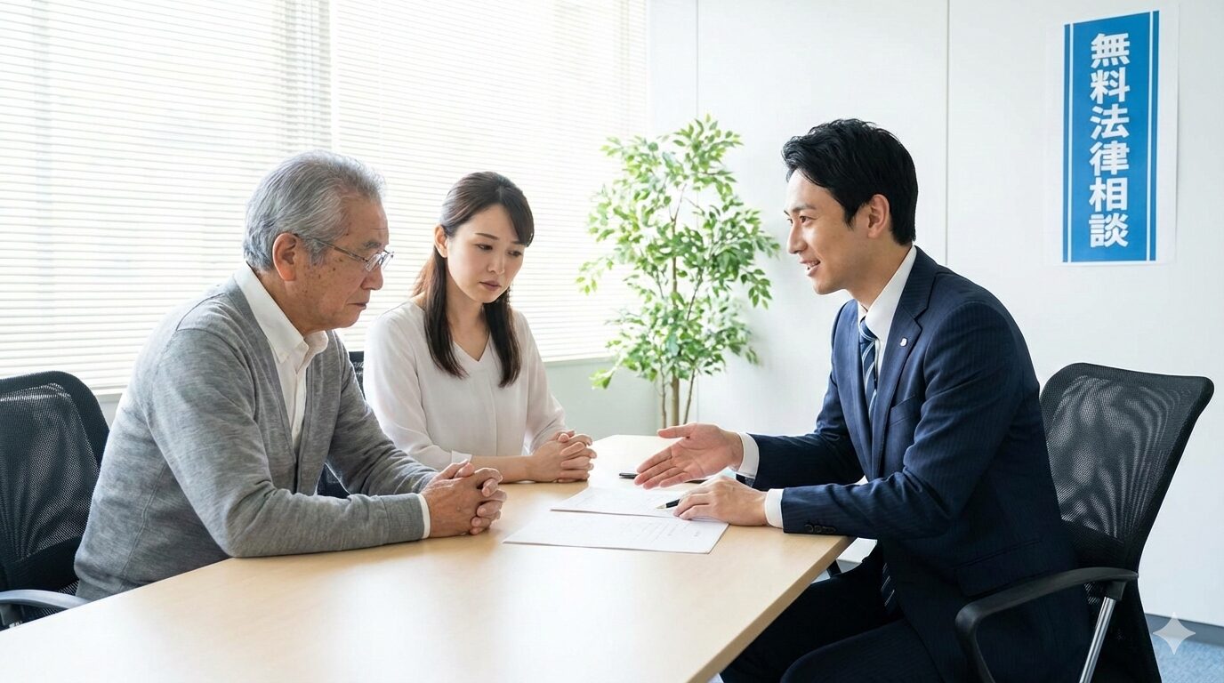相続問題で悩む親子が弁護士と無料相談している様子