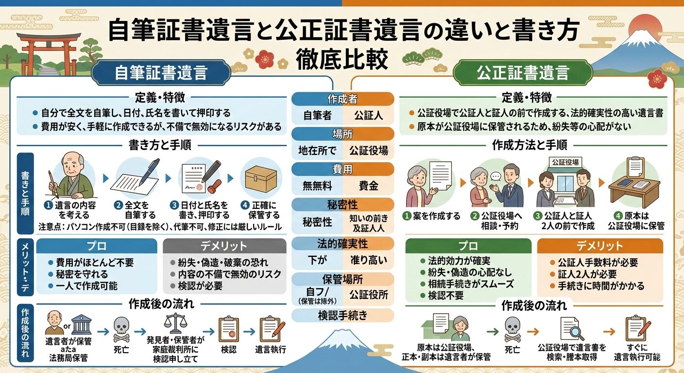 自筆証書遺言と公正証書遺言の違いと書き方を示す比較図