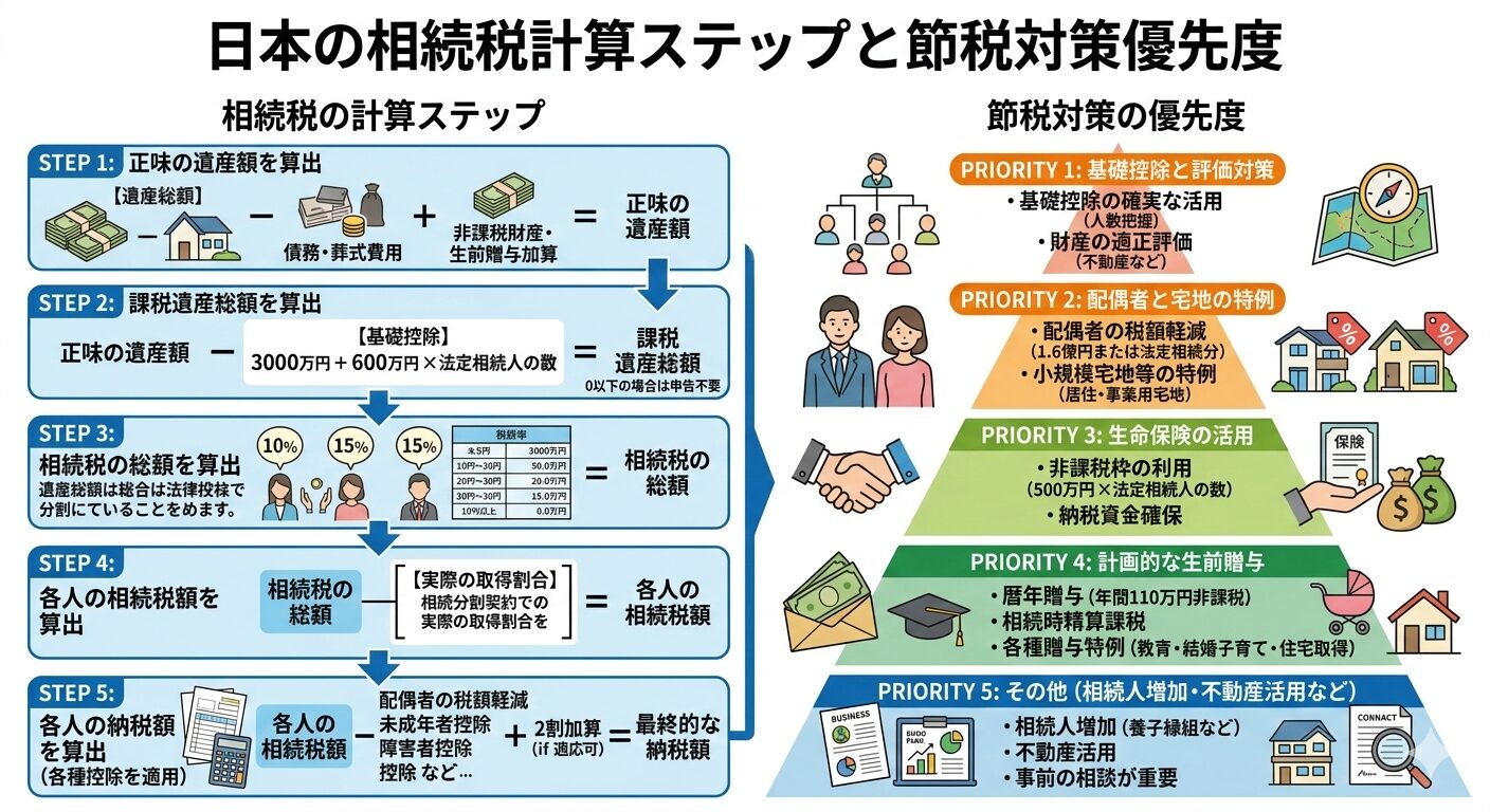 相続税の計算ステップと節税対策の優先度を示す図解