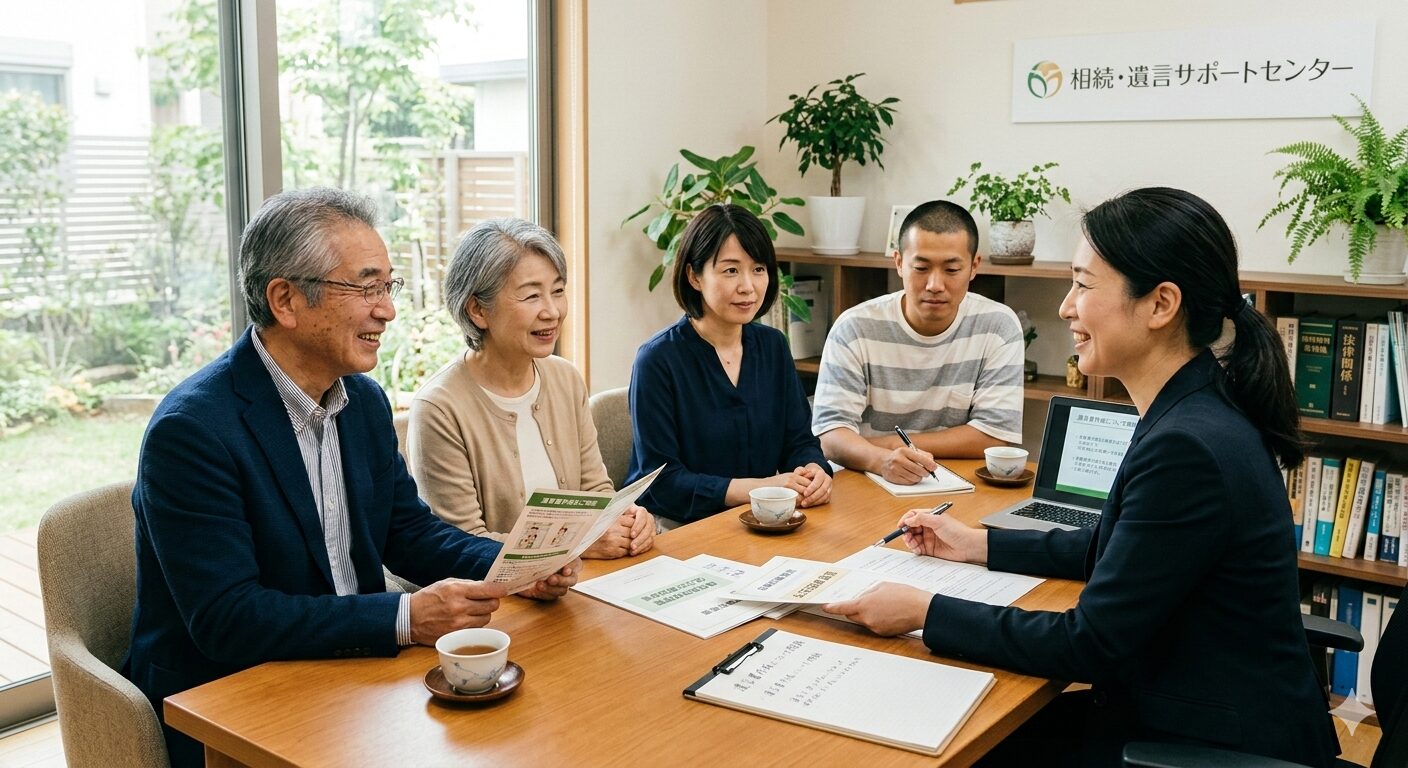 遺言書作成サービスについて専門家に相談する家族のイメージ