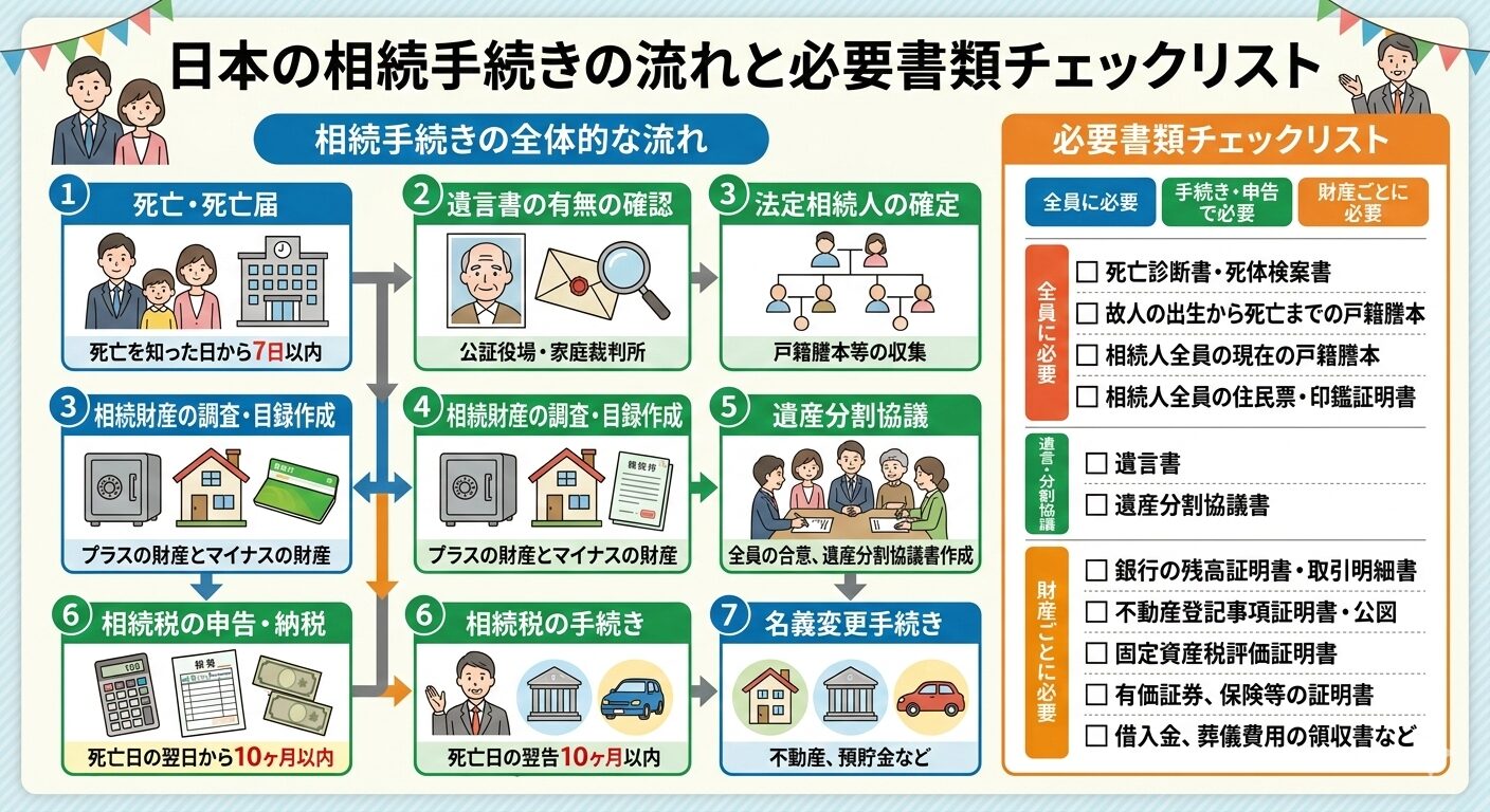 相続手続きの流れと必要書類を示すチェックリストのイラスト