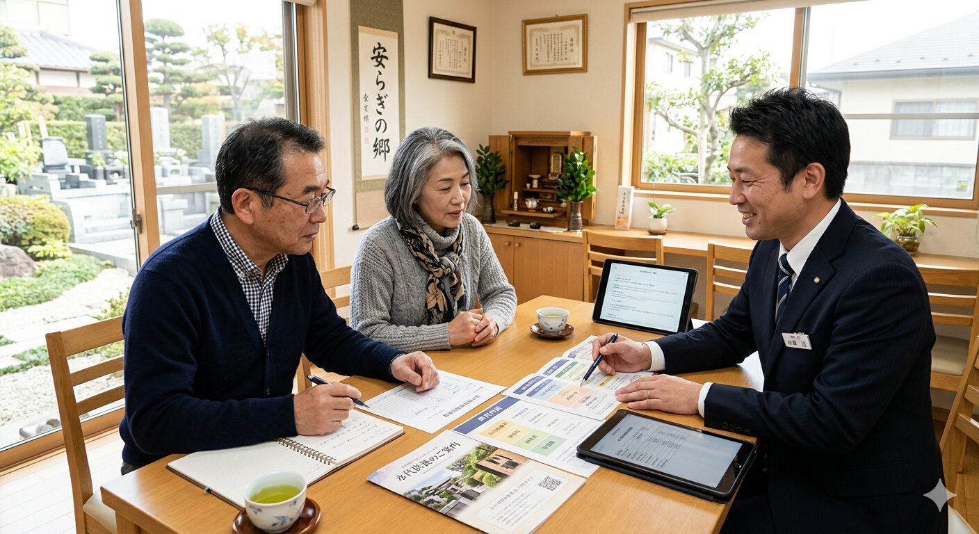 永代供養の費用について信頼できる業者に相談している相続世代の日本人夫婦