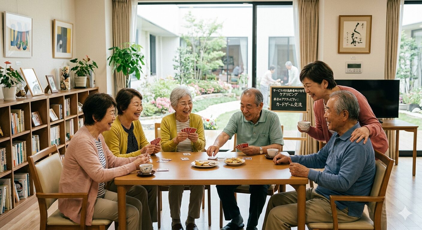 サービス付き高齢者向け住宅で暮らしている幸せそうな高齢者グループ