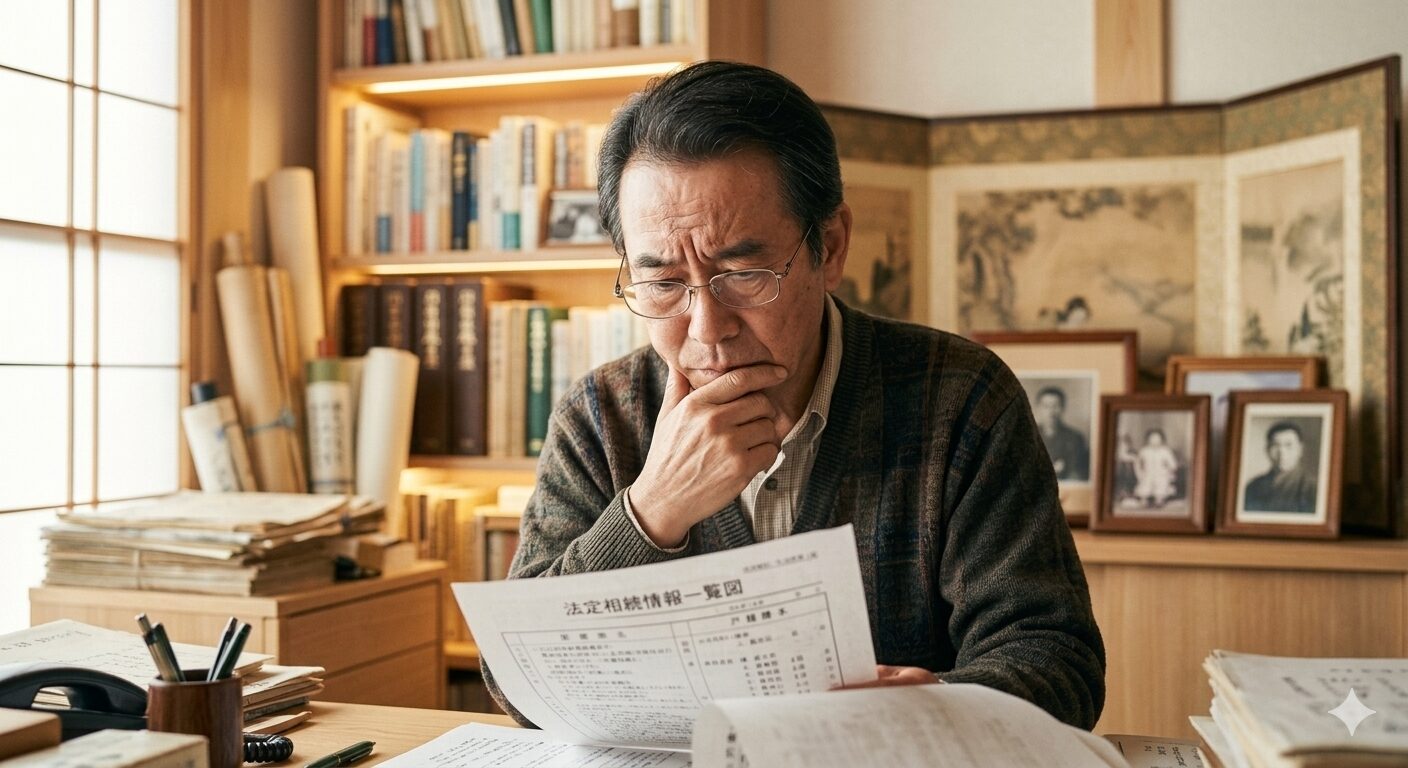 法定相続情報一覧図の作成について悩む相続世代の日本人男性