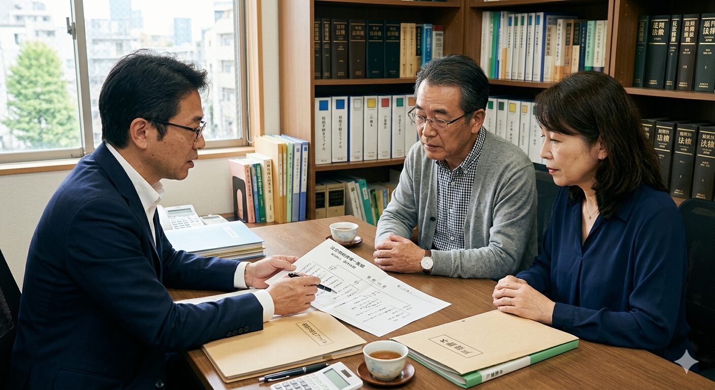 法定相続情報一覧図を日本人弁護士と作成している相続世代の日本人男性と日本人女性