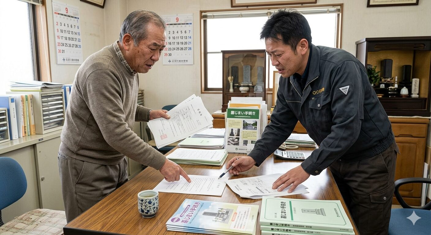 墓じまいの手続きでトラブルを起こしている日本人男性と業者