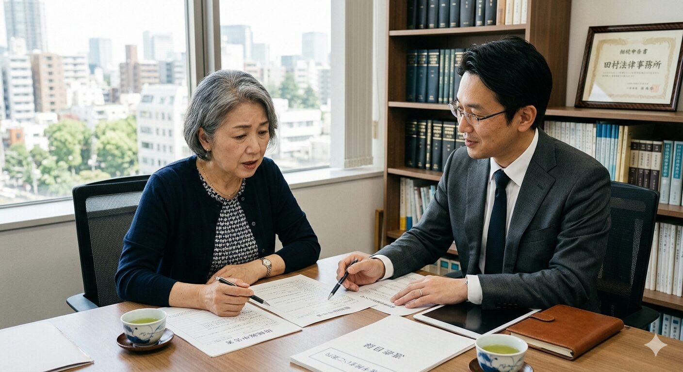 相続税の配偶者控除で悩む日本人の配偶者と弁護士が相談している様子