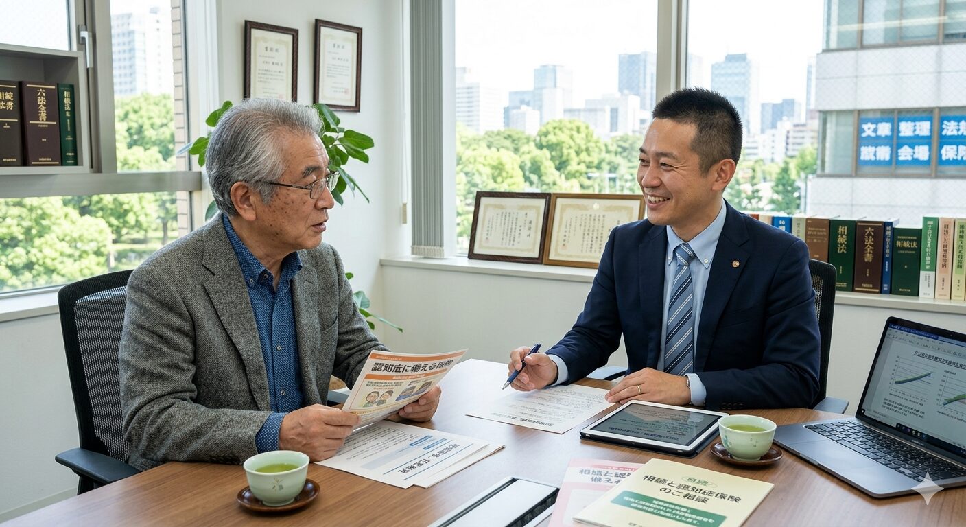 認知症に備える保険について、相続世代の男性が、さわやかな日本人弁護士に相談している様子