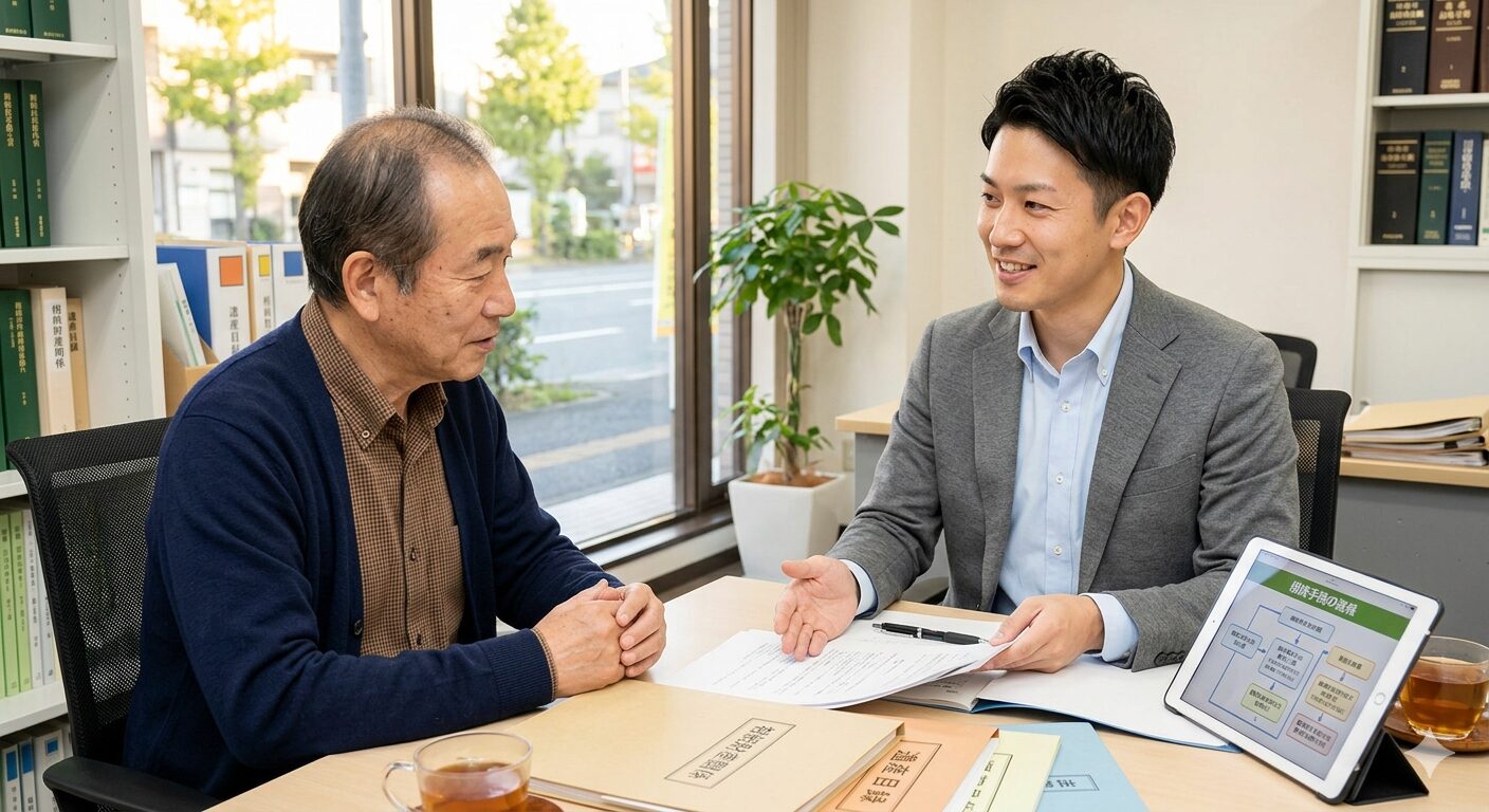 相続財産調査のやり方について、相続世代の男性が、さわやかな日本人弁護士に相談している様子
