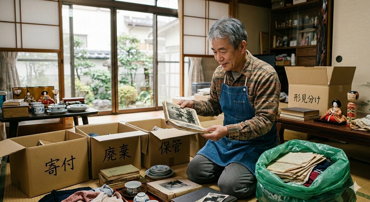 生前整理で断捨離をしている相続世代の日本人男性