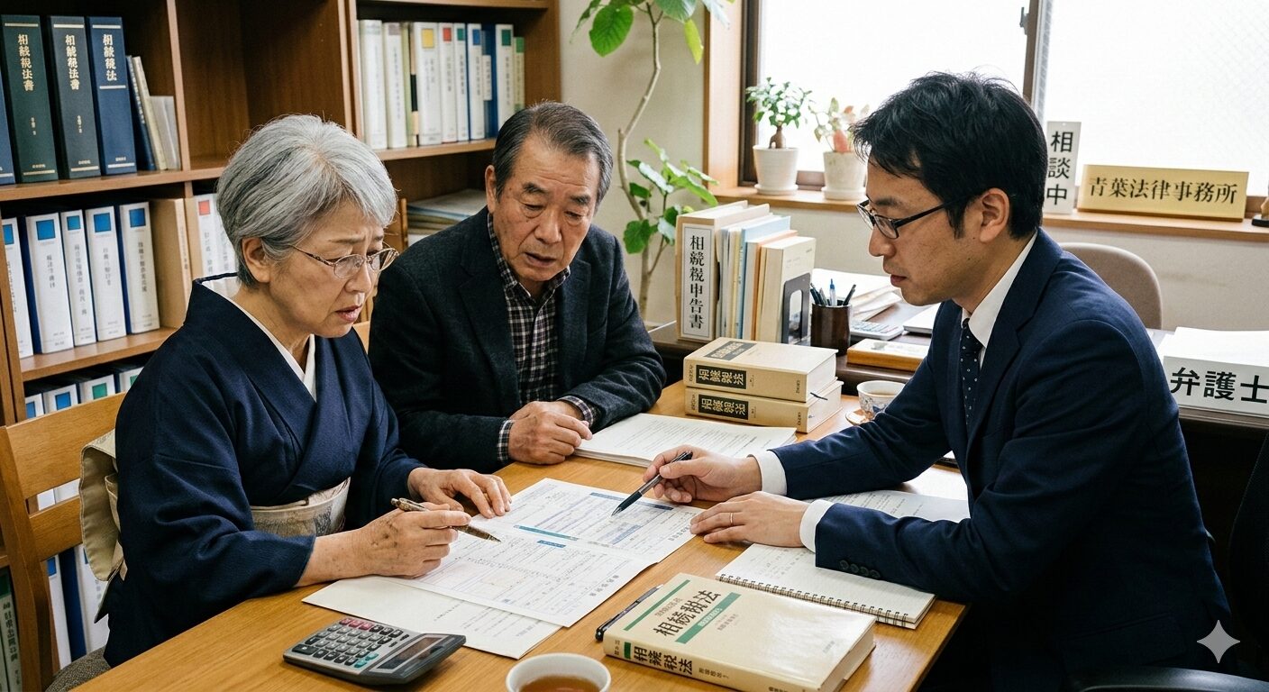 相続税申告書で悩む親が弁護士と相談している様子