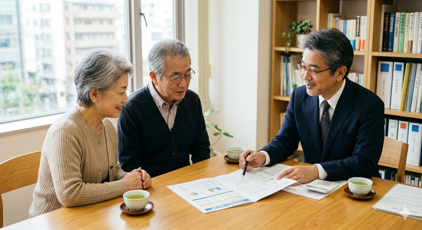 税理士が夫婦に生前贈与の見直し計画を説明している場面