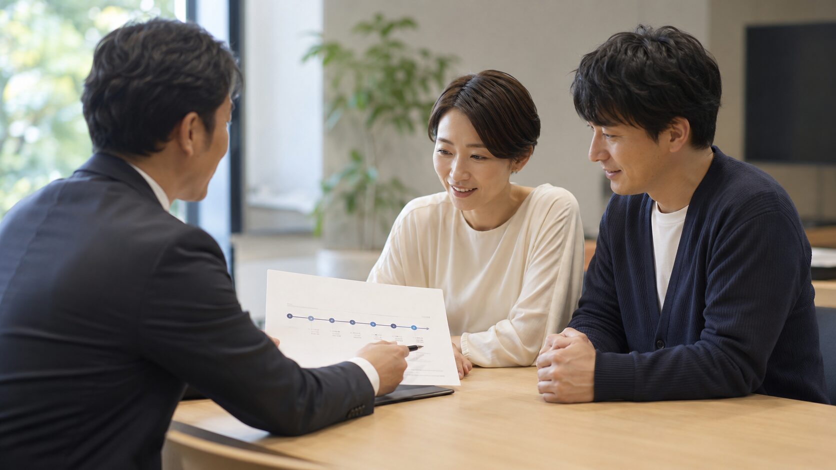 住宅取得資金の贈与税非課税特例を説明する税理士と夫婦のイメージ