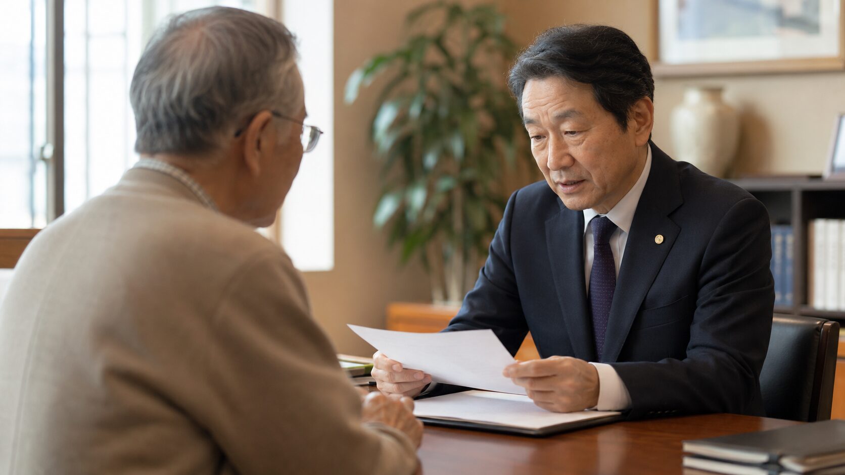 高齢の日本人男性が公証役場で書類を確認しているイメージ