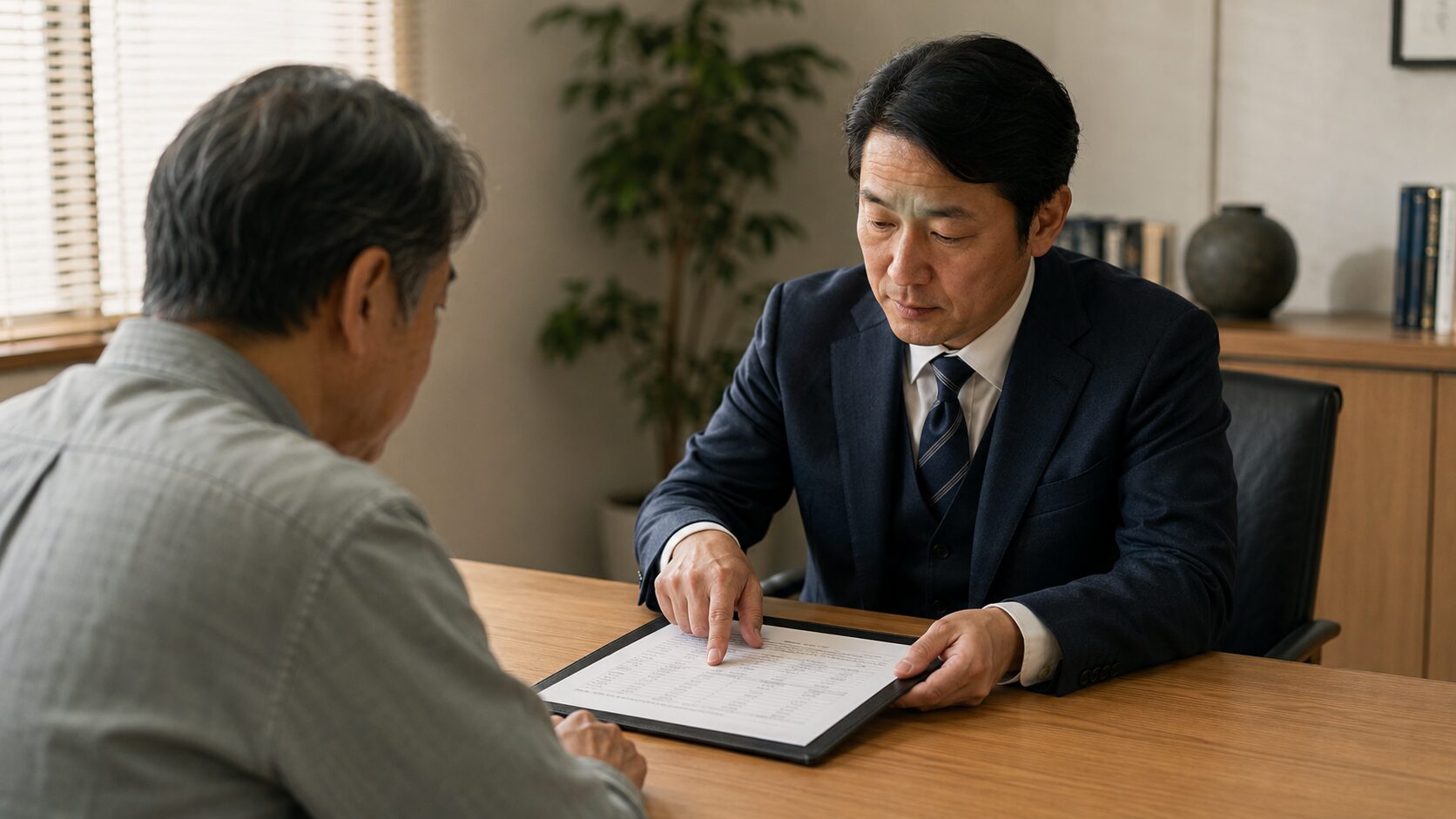 非上場株式の相続税評価方法を確認する税理士と後継者